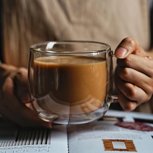 vonghome ガラスカップ マグカップ 耐熱コーヒーカップ 真空断熱 二重構造グラス 北欧風 耐熱ティーカップ 大容量 420/530ml 取っ手付き 透明 ティーカッ ジュース ミルク コップ 贈り物 電子レンジ対応 (530ml)