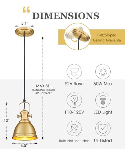 Image of 2-Pack Brushed Gold Pendant Lights for Kitchen Island, Metal Shade