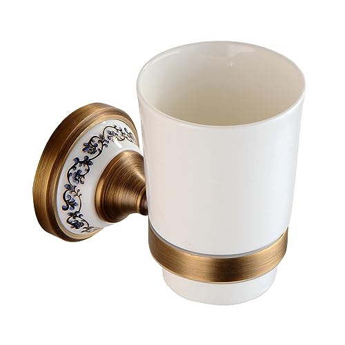 Antique Bronze Brass Toothbrush Holder Cup Holder with White Ceramic Tumbler, Wall Mounted Bathroom Hardware Accessories,Porcelain Design