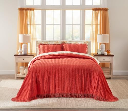 Image of BrylaneHome Oversized Extra Wide Cotton Chenille Bedspread with Fringed Hems - Full, Burnt Orange