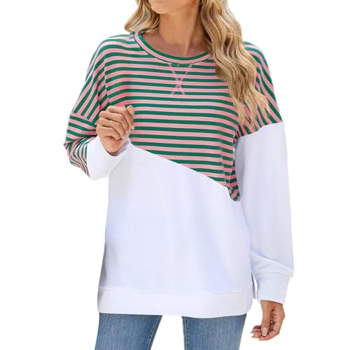 Ringelshirt Damen Oversized Farbblock Sweatshirt mit Seite Split Basic Rundhal Langarmshirt Karneval Oberteile Locker bequeme Blusen Y2K Sweatshirt Streetwear Freizeit-Shirt, verde claro, S