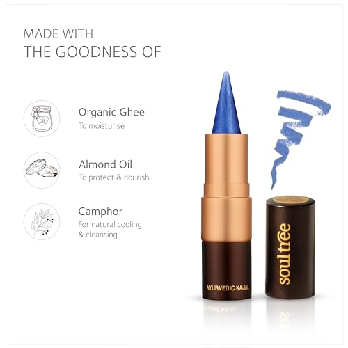 Image of SoulTree Ayurvedic Kajal | Mood Indigo Kajal 006 | Blue Shade | Enriched with 100% Organic Ghee, Almond Oil & Camphor | Soothe, Cool & Nourish Eyes | 3gm