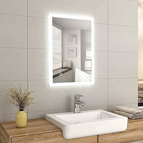 EMKE 50 x 70 cm Bathroom Mirror with LED Lights and Shaver Socket, Classic LED Bathroom Mirror, Backlit Smart Mirror with Socket Charger/Anti-fog/Dimmable/Touch Switch, Hardwired, IP44