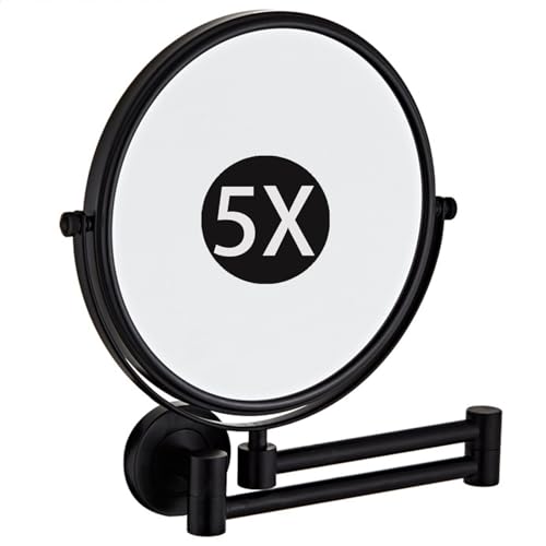 Espejo de maquillaje de pared de doble cara de 6 pulgadas, giratorio de 360° con brazo extensible, aumento 5X, elegante espejo de baño negro para uso diario