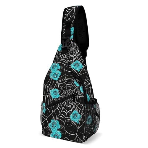 Spider Web Cobwebs Blue Rose Sling Bag Crossbody Travel Hiking Chest Multipurpose Travel Daypack for Women Men