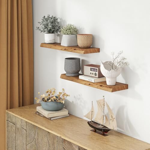 Image of Fun Memories 30 inch Wall Mounted Floating Shelves, Natural Elm Wood, 2 Pack