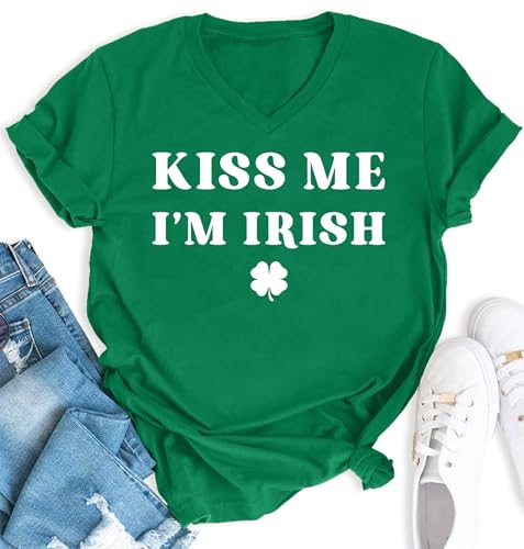 YZMI Womens Kiss Me I'm Irish Shirt Funny V Neck St Patricks Day Tshirt Shamrock Graphic Tee Tops Green S