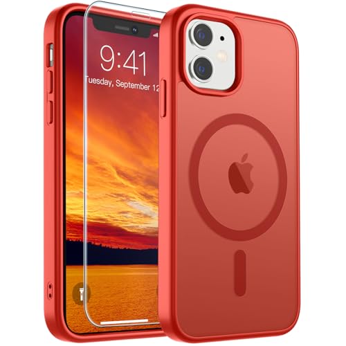 Image of SUPFINE Magnetic for iPhone 11 Phone Case (Compatible with MagSafe) (Military Grade Drop Protection) Slim Translucent Matte Shockproof Phone Cover,Red