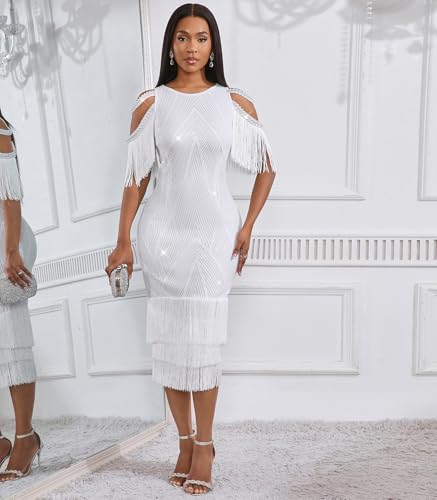 Image of Cololura Sexy Elegant Women Sequin Long Sleeve Tassel Bodycon Midi Dress Party Evening Gown Formal Dress