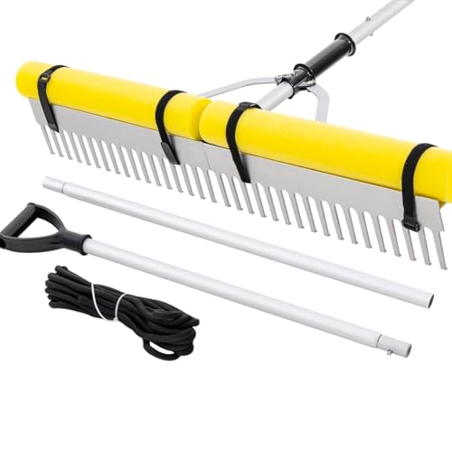 RELAX4LIFE Râteau Flottant 230 x 92 cm Pliable en Aluminium, Outil de Coupe de Plantes Aquatiques avec Manche Réglable & Flotteurs & Corde à Lancer 600cm & 36 Dents, pour Jardin Pelouse Étang
