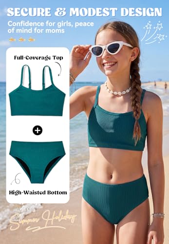 Image of Zando 2 Piece Ribbed Swimsuits for Teen Girls Kids Size 6-15 Years High Waisted Solid Cute Bikini for Summer Beach Wear