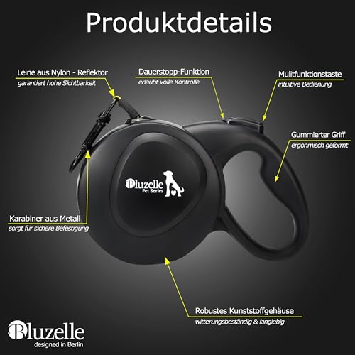 bluzelle 8m Lange Hundeleine für Hunde bis 50kg, Flexible Rollleine Neon-Gelb Leuchtender Reflektor-Gurt mit 360° Karabinerhaken Metall, Ergonomischer Griff Schwarz Gummiert & Einzugs-Bremse, Schwarz