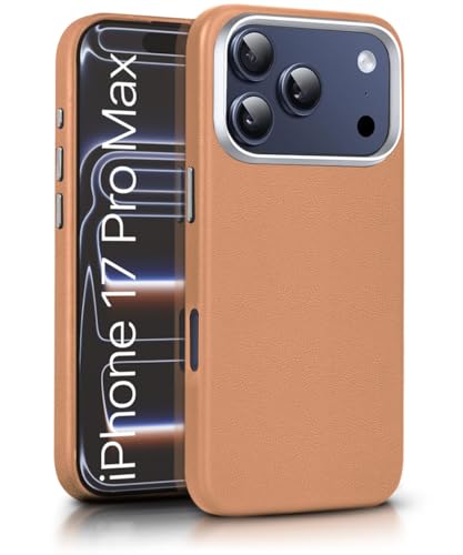 Image of WOW IMAGINE Back Cover for iPhone 17 Pro Max | Shockproof Tough Leather Texture Hard Mobile Case | Ultra Slim Non-Slip Grip | Inner Velvet Fabric | Metal Camera Ring - Tan Brown