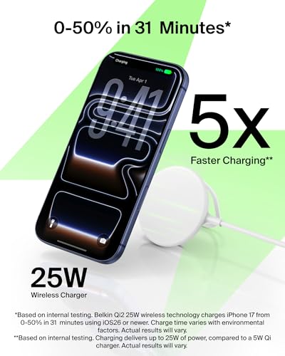 Image of Belkin Qi2 25W Magnetic Wireless Charging Pad, Fast Charging, No Adapter | MagSafe compatible, iPhone 17 Series, Samsung Galaxy, Pixel 10, AirPods Pro, kickstand, travel charger