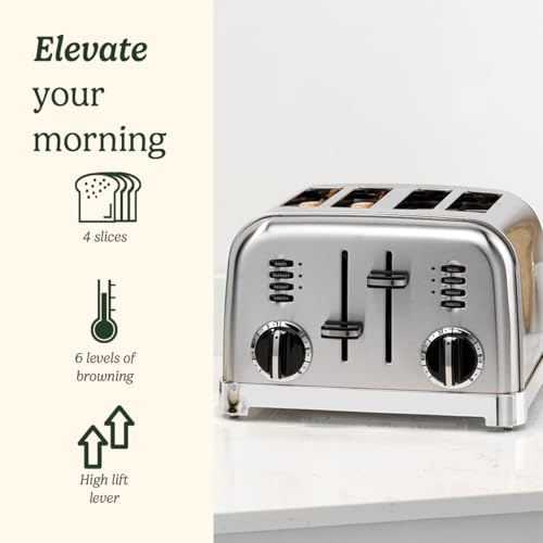 Cuisinart 4 slice toaster, Wide slots, ideal for thick bread and bagels, 6 browning levels plus defrost, Wide slots, High lift lever, Matching kettle available, Frosted Pearl