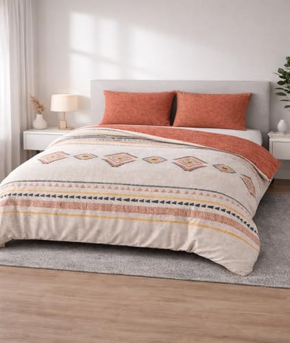 Leonado Vicenti Parure de lit réversible 200 x 220 cm en coton renforcé - Motif ethnique bohème beige/terre cuite - 3 pièces avec 2 taies 80 x 80 cm -...