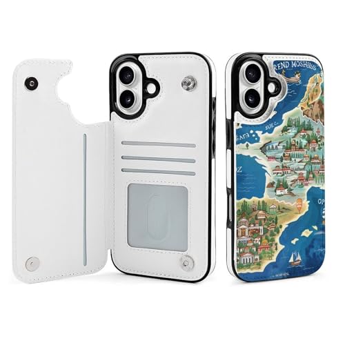 Étui portefeuille iPhone 16 Plus motif carte Grèce en cuir à rabat