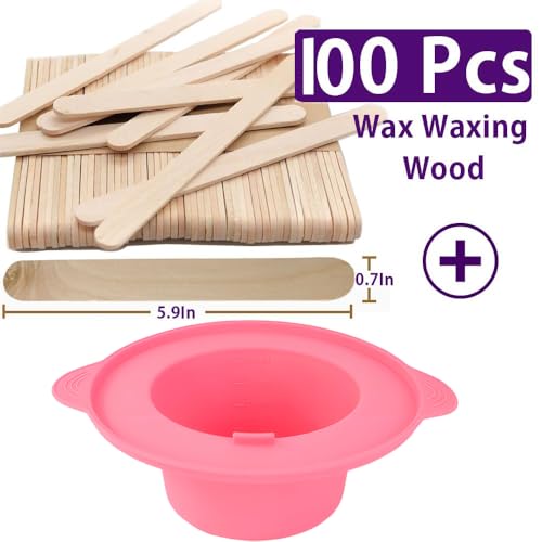 Image of 14 oz Silicone Wax Warmer Liner, Silicone Wax Bowl for Wax Warmer, Non-Stick Wax Melt Warmer Wax Pot Replacement, Reusable Wax Melt Liner with 100 Pcs Waxing Sticks Body Hair Removal Sticks Pink