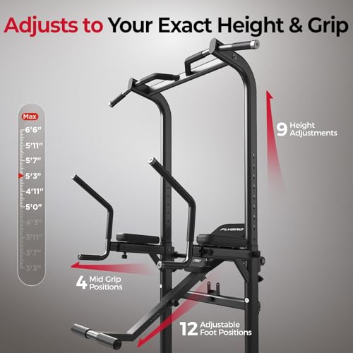 Image of FLYBIRD 800LBS Heavy Duty Power Tower Dip Station, Adjustable Height Pull Up Stand with Crunch Leg Raise, Multifunction Strength Training Equipment for Home Gym Back Workout