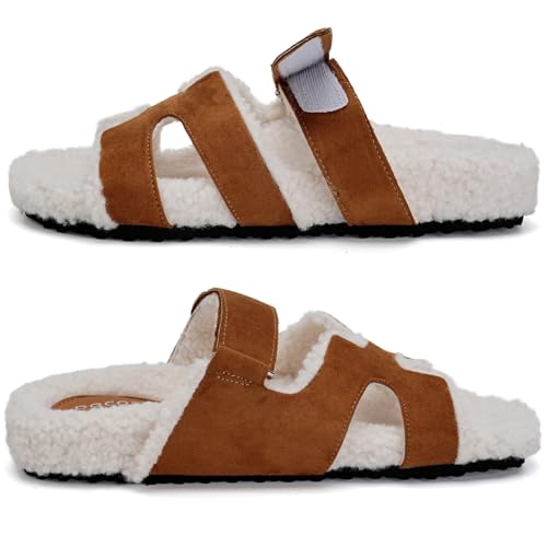 Womens Fuzzy H-Band Slippers Faux Shearling Open Toe Slide Sandal Adjustable House Shoes Wide Width 5