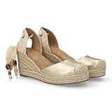 99460 Sandalia Valenciana de Cuna para Mujer Estilo Alpargata, Punta Cerrada, Talon Abierto, Diseno Artesanal con Cierre de Cuerdas con Abalorios. Suala Acolchada Ideal Primavera Verano. Oro Talla 37