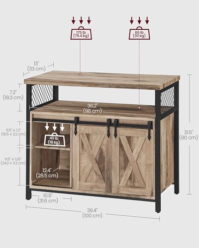 VASAGLE Sideboard, Kitchen Cabinet, Storage Cupboard, with 2 Sliding Barn Doors, 33 x 100 x 80 cm, Adjustable Shelves, for Living Room, Camel Brown and Ink Black LSC092B50