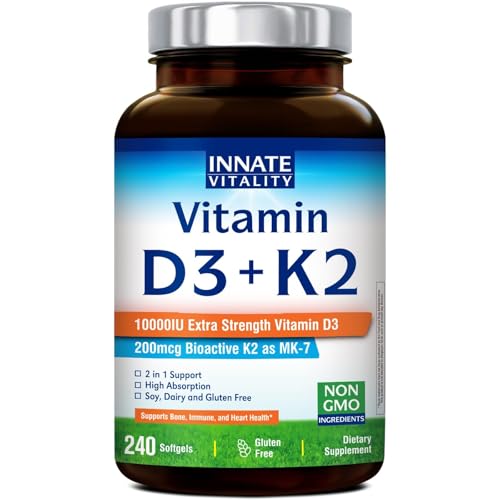Innate Vitality Vitamin D3 K2 Supplement, High Potency Vitamin D3 10000 IU & Vitamin K2 (MK-7) 200...