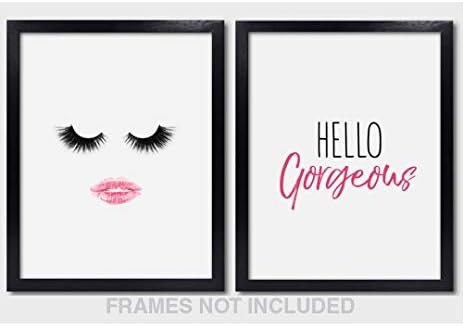 Confetti Fox Hello Gorgeous Wall Art, Minimalist Modern Glam Beauty Fashion Artwork, Makeup Decor Home Bathroom Bedroom Dorm (8x10 Unframed Set of 2 Prints)