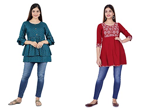 Image of Shiva Fab Short Kurti for Women | Embroidered Straight Rayon Kurta | Round Neck Full Sleeves Short Kurti for Women's
