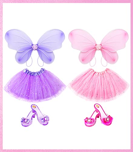 Princess Dresses for Girls Fairy Wings, Dress Up Clothes Pretend Play Costumes Trunk with 3 Sets of Princess Dress Up Shoes, Glitter Girls Tutu Skirts and Butterfly Wings, Toys for 3-6 yr Girls