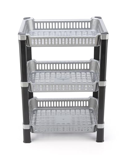Image of U-Max Multi Tire Kitchen Storage Rack, Plastic Utility Shelf Organiser, Space Saving Storage Solution, Revolving Vegetable Rack (Silver, 3)