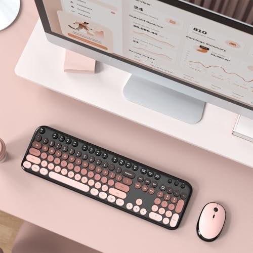 Image of Wireless Keyboard Mouse Combo - Lovely BlackBerry-Gradient Rainbow Full-Sized Typewriter Colorful Keyboards, Round Keycap Plug Play Retro Cute Keyboards for Windows, Laptop, PC, Desktop, Computer
