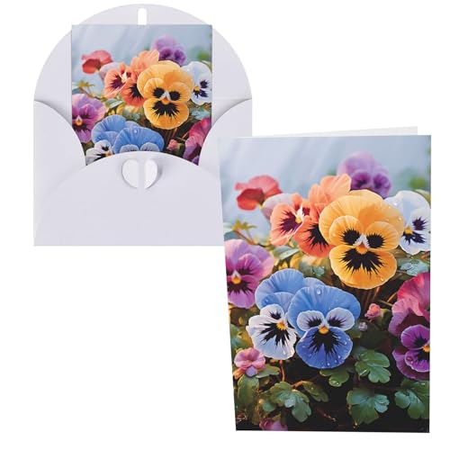 QMNSEHF パンジーフラワーグリーティングカード 封筒付き サンキューカード Happy Birthdayカード 女性用 男性用 クリスマス ハロウィン 結婚式 ブランク ノートカード あらゆる機会 グリーティングカード 4x6