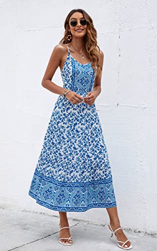 Image of Angashion Women's Dresses Floral Adjustable Spaghetti Strap V Neck Boho Long Maxi Dress Summer Beach Flowy Ethnic Sundress