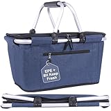 Picnic Basket, SIYUAN Collapsible Shopping Basket with Lid 27L Large Market Basket with Handles Reusable Folding Grocery Basket Insulated Cooler Bag for Picnic Travel, Blue