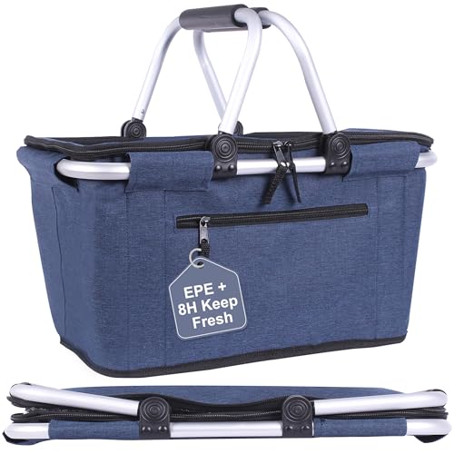 Picnic Basket, SIYUAN Collapsible Shopping Basket with Lid 27L Large Market Basket with Handles Reusable Folding Grocery Basket Insulated Cooler Bag for Picnic Travel, Blue