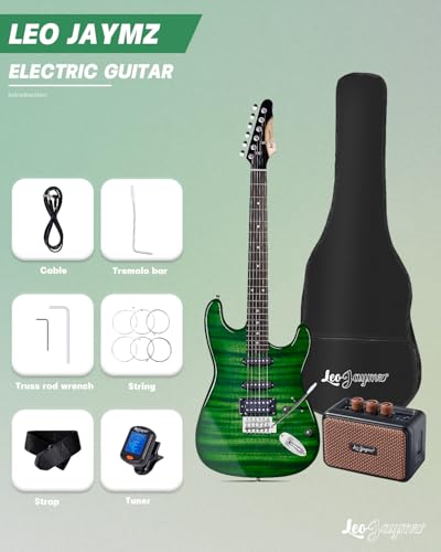 Image of Leo Jaymz 39 inch Full Size ST Style Electric Guitar Starter Kit with SSH Pickup, 5W Portable Amplifier, Tuner, Gig Bag, Strap & Cable - Maple Neck, Poplar Body, Complete Beginner Bundle (Green Flame)
