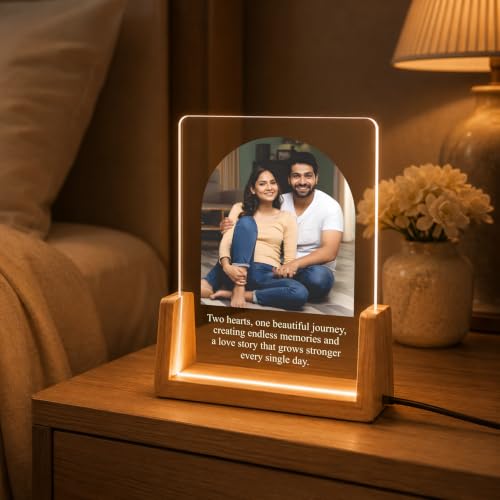 Image of Giftplease Personalized LED Acrylic Photo Frame with Custom Photo & Text | Engraved Acrylic Picture Lamp | Wooden Base | USB Warm LED Night Light | Anniversary, Wedding, Birthday, Couple, Home Decor