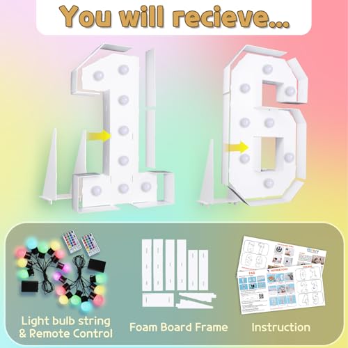 Image of Imprsv Colorful 4FT Marquee Numbers Light up Numbers 16 Birthday Decoration | RGB with Remote, Party Decorations Anniversary Wedding Decorations Assembly Required Foam Board 41 Pcs Accessory Set