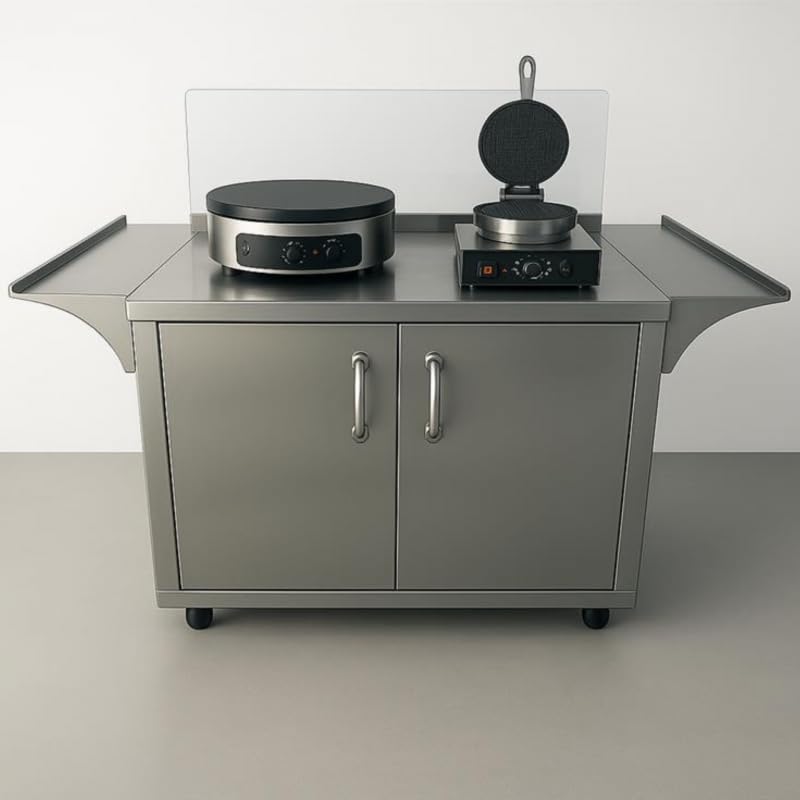 Générique Chariot à Crêpes Ambulant INOX - Multi-Usage - Vitrine Verre - Rangement - 4 Roues - Professionnel