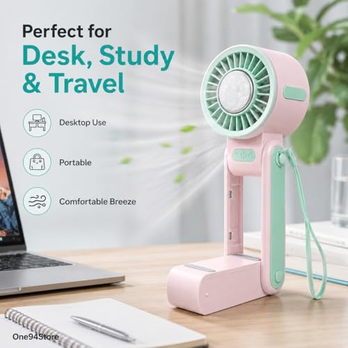 Image of One94Store Ice Cooling Folding Fan, 1800mAh Rechargeable Mini Fan, 5-Speed Portable Hand Fan with Phone Holder, Adjustable Wind Direction, Foldable Design, USB-C Charging, Lanyard Included, Pink