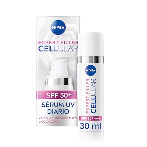 NIVEA Cellular Expert Filler - Sérum Fluido UV Diario - Protección Solar SPF 50+ - Con Ácido Hialurónico y Licocalcón A - Protege e Hidrata - Antiedad - Base de Maquillaje - Todo Tipo de Piel - 30 ml
