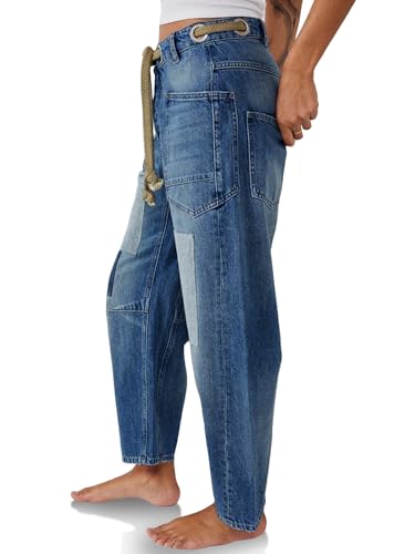 PLNOTME Womens Baggy Barrel Horseshoe Jeans Wide Leg Patchwork Low Rise Denim Pants with Pockets2