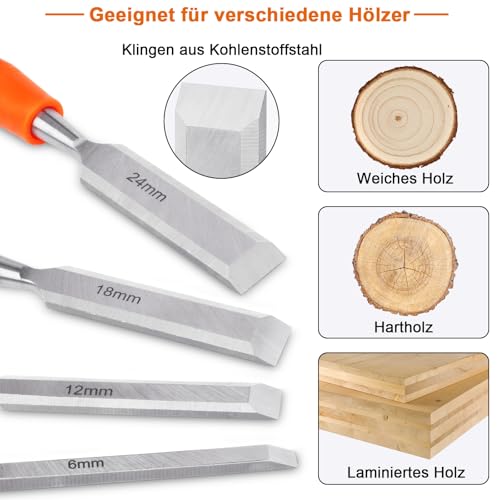 4-teilig Stemmeisen Set für Holz, Holzmeißel Stecheisen Set für Holzbearbeitung DIY, Holz Beitel Tischler Werkzeug, Meißel Set Holzwerkzeug mit Scharfes Klinge Komfortabel Griff für Schreiner Zimmerer