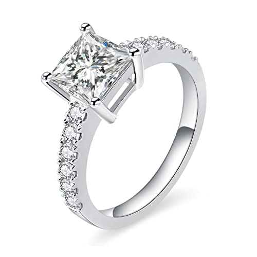 2ct Princess Cut Moissanite Engagement Rings For Women,D Color Vvs1 Clarity Lab Created Diamond Solitaire Ring 925 Sterling Silver With 18k White Gold Plated Wedding Band Natural Gemstone Jewelry 4-10