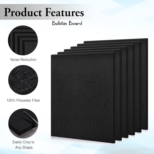 Image of GLUN 6 Pcs Black Felt Bulletin Board 30x30 cm (12x12 Inch) | Self Adhesive Notice Board Tiles for Wall | 100 Push Pins + 400 Sheets Sticky Notes | Pin Board for Home, Office, School & Study Room