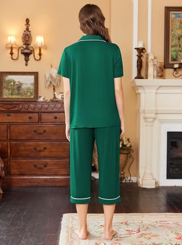 Image of Ekouaer Capri Pajamas for Women Short Sleeve Button Down Sleepwear Comfy Lounge Set 2-Piece Pants Pjs