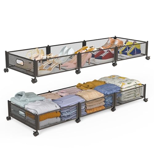 Under Bed Storage With Wheels, 47.2''/90lbs/57.6L, Metal Frame Under Bed Rolling Storage, Tool-Free Assembly Underbed Drawers, Underbed Organizer Containers for Shoes, Clothes and Toys (2 Pack)