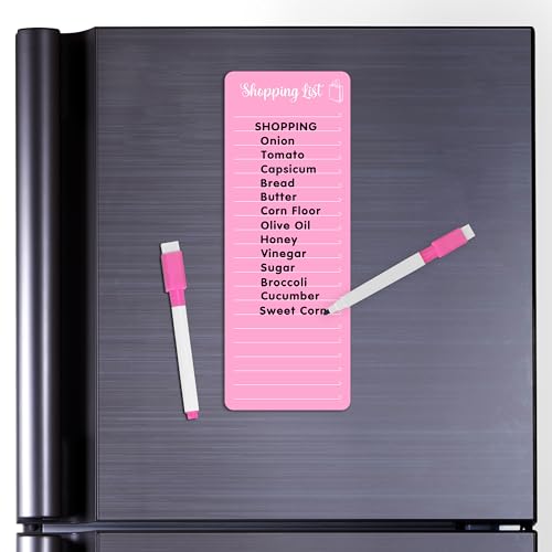 Image of Clickedin Magnetic Shopping List Grocery Fridge Magnet, 10x24 cm Acrylic Board with Marker (Pink)