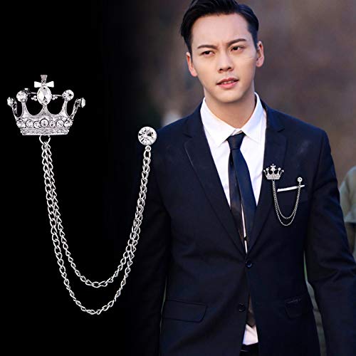 Image of coadipress Crown With Hanging Chain Brooch for Women Men Elegant Gentlemen Gold Silver Crystal Crown Lapel Pin Vintage Rhinestone Wedding Brooch Suit Shirt Pin Accessories